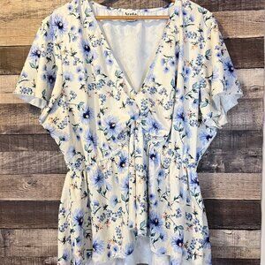 Arula Floral V-Neck Short Sleeve Blouse Top 2X Flowy Spring Blue Cottagecore